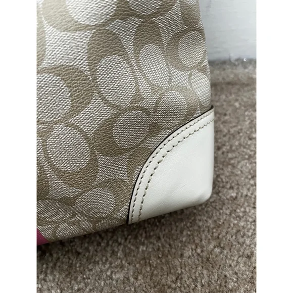 Coach Chelsea Leather Signature Heritage Logo Stripe Pink Beige Tote Bag - Picture 6 of 16